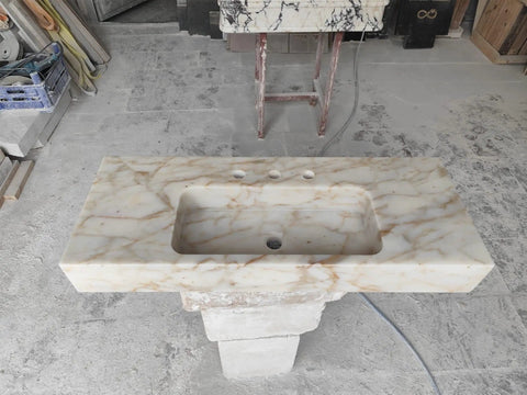 Top Shelf Hand Carved Afyon Honey Marble Bathroom Vanity Sink With Slick Countertop Setup And Durable Natural Stone Craft For Upscale Residential Or Swanky Commercial Decor, 18 x 14 x 5 inches, smooth surface.