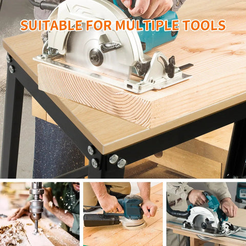 Heavy Duty Drill Press Stand Top Shelf Shop Rig With Smooth Rolling Casters And Hefty 700 Lbs Capacity Plus Generous Storage Shelf For Knocking Out Weekend Builds with a circular saw in use on a workbench.