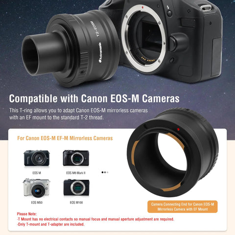 Canon Compatible T2 Mount Lens Adapter for EOS M Cameras With M42 to 1.25 Inch Telescope Adapter near camera body