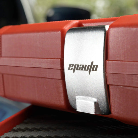 Close-up of a red tool case for 47-Piece 1/4-Inch And 3/8-Inch Drive Socket Set With 90-Tooth Reversible Ratchet, logo visible
