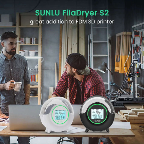 All In One Filament Dryer S2 With Built In Circulation Fan 70C Max Temperature in workshop setting with two 3D printers
