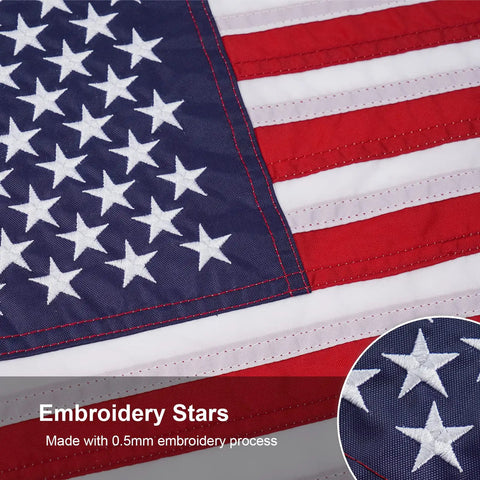 Close-up of an American Flag 12 By 18 Inches Embroidered 50 Stars Nylon Outdoor Banner, featuring detailed stitching and stars.