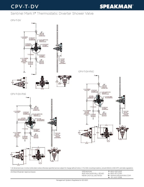 Technical diagram of Thermostatic Diverter Shower Valve CPV-T-DV Sentinel Mark II in rough brass with details.