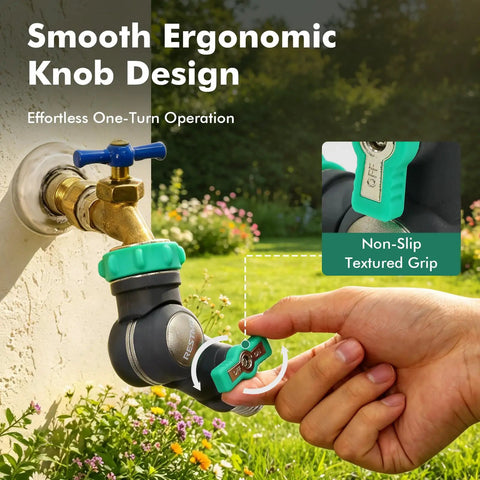 Beefy Heavy Duty Metal Water Hose Elbow Connector With 360 Degree Swivel Inlet And 180 Degree Swivel Outlet, Flexible Angled Hose Fitting For Tight Spaces And Hard-To-Reach Faucets brass hose elbow on garden tap, 3/4 NH, one-turn knob
