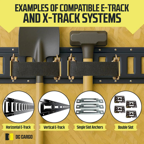 Eight Pack E Track Straps Adjustable Heavy Duty Tie Down Straps securing tools on E-Track rail system in enclosed trailer