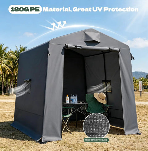 Heavy Duty 7x6x6 Ft Outdoor Storage Shed Portable Shelter With Double Zippered Doors Two Mesh Windows Waterproof UV Resistant 180G PE Cover And Steel Frame For Backyard Garden Patio Dark Gray in field setting