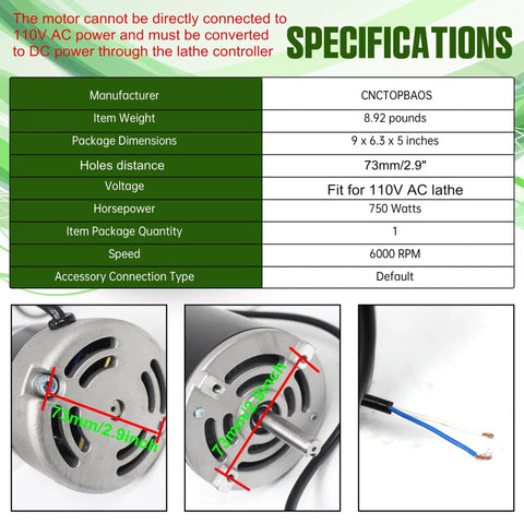 Specifications for 750W DC Brushed Spindle Motor For Mini Metal Lathe Machine 110V 6000 RPM With M10 Shaft, including dimensions and voltage.