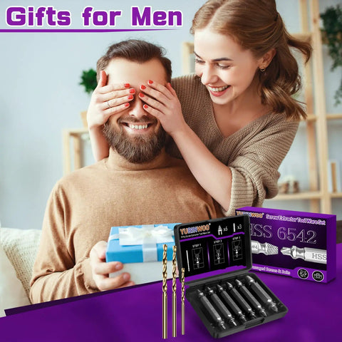 9 Piece Damaged Screw Extractor Set With HSS 6542 For Stripped Screws displayed with gift box and smiling couple