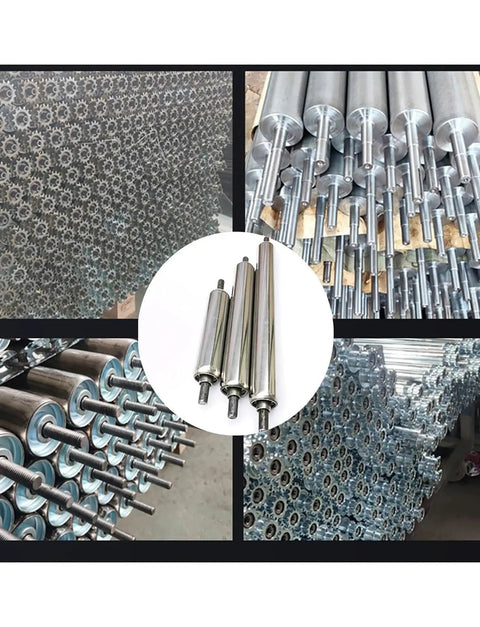 Heavy Duty Stainless Steel Conveyor Rollers 5 Piece Set Spring Loaded Press In Mount showing various angles and sizes of rollers.