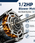 Half HP PSC Blower Motor Replacement, 1075 RPM, 3 Speed, 115V, 48 Frame Direct Drive for Furnace HVAC AC, Reversible CW CCW, Includes 10uF 370V Capacitor and Auto Thermal Protection, 1/2 HP blower motor close-up