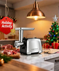 Electric Meat Grinder With Stainless Steel Sausage Stuffer Kit on kitchen counter, holiday decor