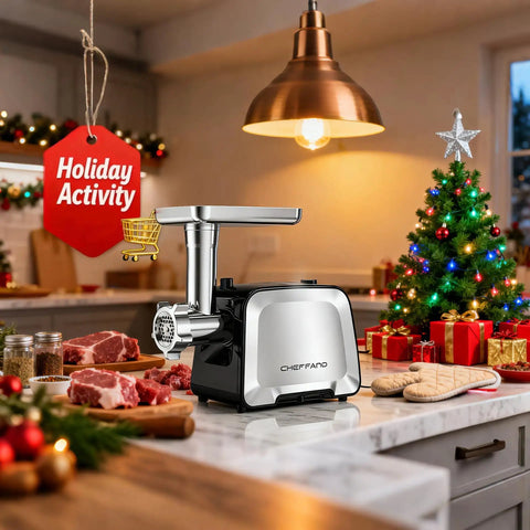 Electric Meat Grinder With Stainless Steel Sausage Stuffer Kit on kitchen counter, holiday decor