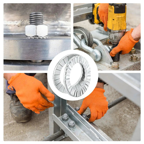 Premium Wedge Locking Washers For M8 Bolts 10 Pack 304 Stainless Steel Anti Vibration Safety Discs in use during assembly of hardware.