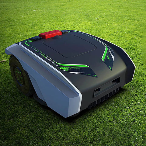 Fully Automatic Smart Lawn Mower Robot with Rainproof Seal on grass, sleek design, quiet trimming capabilities, bright orange accents.