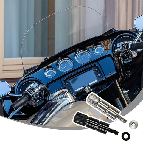 Heavy Duty Stainless Steel Extended Seat Bolts For Harley Davidson Touring Models shown with black and silver knurled handles and rubber washers.