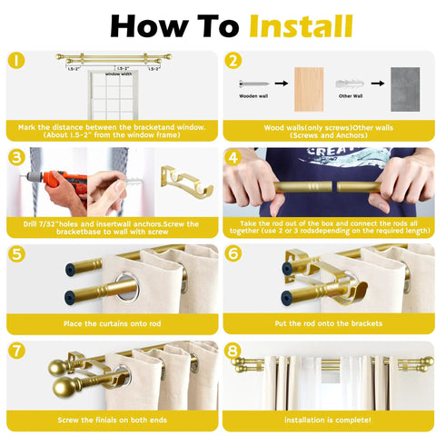Installation guide for telescoping double curtain rod set from 30 to 60 inches with gold finish including two drapery brackets.