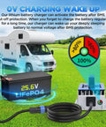 Diagram of 29.2V 20A LiFePO4 Battery Charger For 24V Systems With IP67 Waterproof Housing next to RV, showcasing 0V wake-up feature