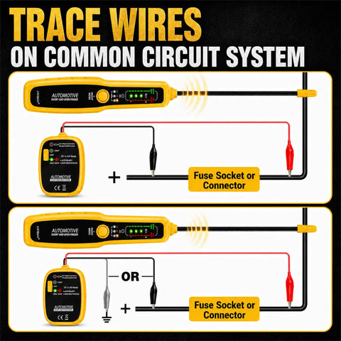 Auto Wire Tracer Open And Short Finder For DC 6 To 42V Vehicles And Home Wiring, yellow handheld tester on circuit diagram
