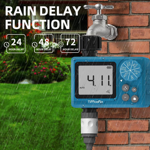Outdoor Sprinkler Timer With Digital Programmable Settings for Garden Hose, Rain Delay and Manual Mode mounted on tap