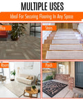 Double Sided Carpet Tile Tape 2 In By 90 Ft Heavy Duty With Reinforced Web Mesh Residue Free Indoor Outdoor shown in various uses such as office, stairs, living room, and porch.