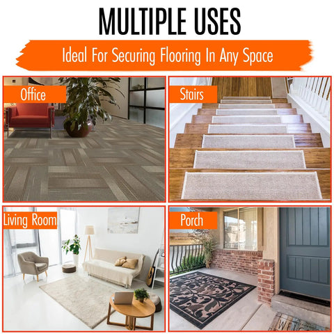 Double Sided Carpet Tile Tape 2 In By 90 Ft Heavy Duty With Reinforced Web Mesh Residue Free Indoor Outdoor shown in various uses such as office, stairs, living room, and porch.