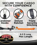 Heavy Duty Ratchet Straps 1.5 Inch By 6.5 Feet built tough, featuring deluxe ratchet, carabiner hooks and triple security stitching.