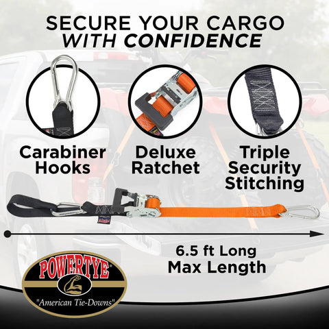 Heavy Duty 1.5 Inch X 6.5 Ft Ratchet Straps With Carabiners Triple Stitched Soft Loop guard includes carabiner hooks and ratchet.