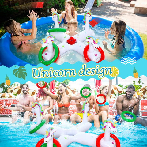 Unicorn Inflatable Pool Ring Toss Set With Six Rings Two Bean Bags And Pump Two In One Floating Pool Fun Game for parties.