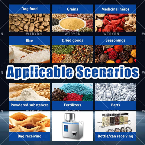 Hitch Free Automatic Grain Dispenser With Massive Capacity Hopper And Easy Adjustable Speed For Rice Coffee Beans Glitter And Small Fittings Zero Hassle Auto Fill, showcasing various granulated foods.