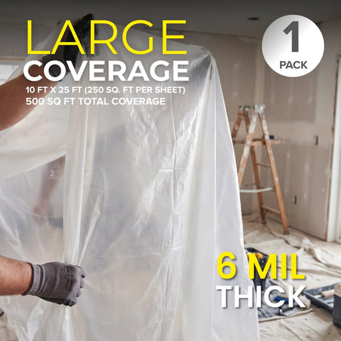 Heavy Duty 6 Mil Plastic Sheeting With UV Protection For Construction Painting And Home Improvement Projects Worksite Ready 10 Ft By 25 Ft Polyethylene Film Rugged Greenhouse Plastic Sheeting shown in use