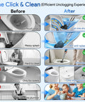 One Click & Clean before and after comparison showcasing Straight Up High Pressure Toilet Plunger With Real Time Gauge for rapid clog clearing.