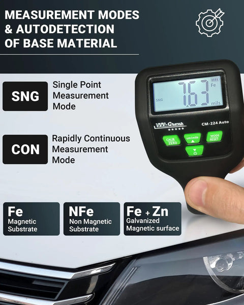 Car Paint Thickness Gauge With 0.1 Micron Resolution, Ready To Use Digital Coating Meter For Auto Inspections, Detects Fe, Al And Zn, Factory Calibrated, Fast Accurate Readings, Large Backlit LCD Display, Ideal For Bodywork Checks showing single and continuous modes