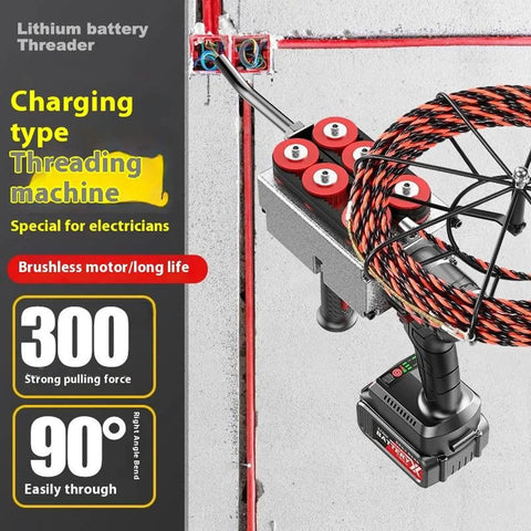 Electric Wire Puller With 150kg Max Pulling Force And Automatic Cord Stringing, featuring brushless motor, lithium battery, and cable threading system.
