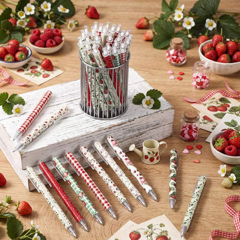 108 Pink Strawberry Themed Retractable Ballpoint Pens Bulk Set With 9 Styles displayed on desk with strawberries and flowers
