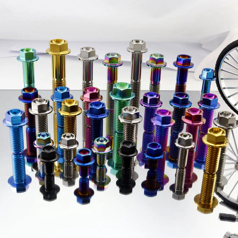 Assorted colorful titanium hex head bolts including Beast Titanium Flanged Hex Head Bolt M6 x 1.0 x 12mm, 6AL4V Aerospace Grade