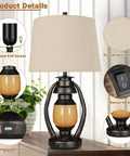 Set of 2 Rustic Farmhouse Table Lamps for Living Room and Bedroom, detailing LED lantern, USB port, and linen shade