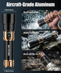 Ultra Bright 3000 Lumen LED Flashlight With Ignition Lens Fire Starter showing durability with waterproof, anti-drop features.