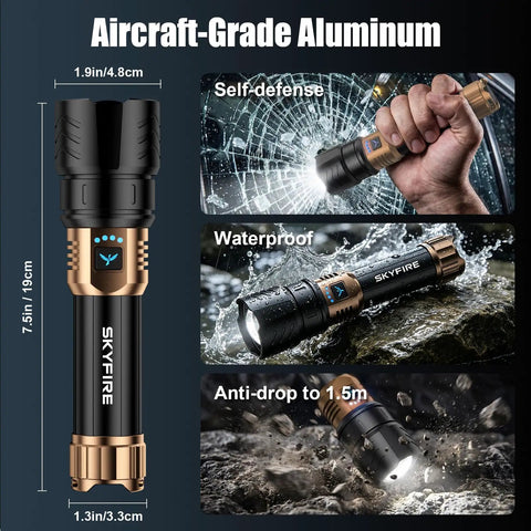 Ultra Bright 3000 Lumen LED Flashlight With Ignition Lens Fire Starter showing durability with waterproof, anti-drop features.