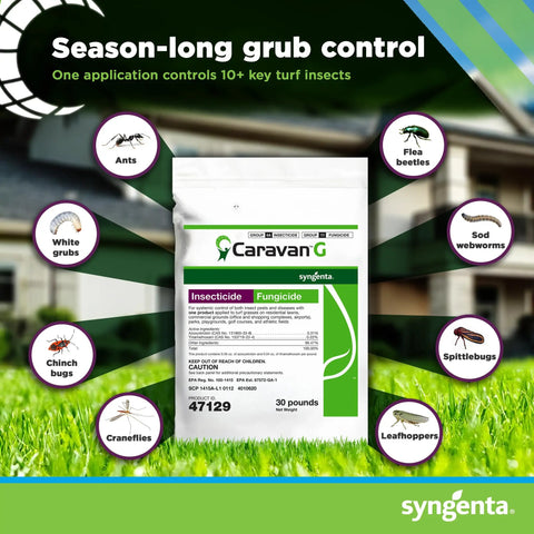 Caravan G Insecticide Fungicide For Lawn And Turf Care Yard Ready Heavy Duty Pest Fighter 30 Pound Bag with pest targets.