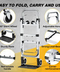 Heavy Duty 3 In 1 Convertible Hand Truck Dolly With 600 Pound Capacity Folding Rolling Cart features adjustable handle and sturdy plate.