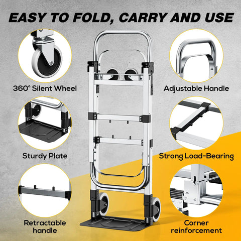 Heavy Duty 3 In 1 Convertible Hand Truck Dolly With 600 Pound Capacity Folding Rolling Cart features adjustable handle and sturdy plate.
