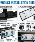 Installation guide for Stainless Steel License Plate Holder No Drill Front Mount Kit with screws and zip ties.