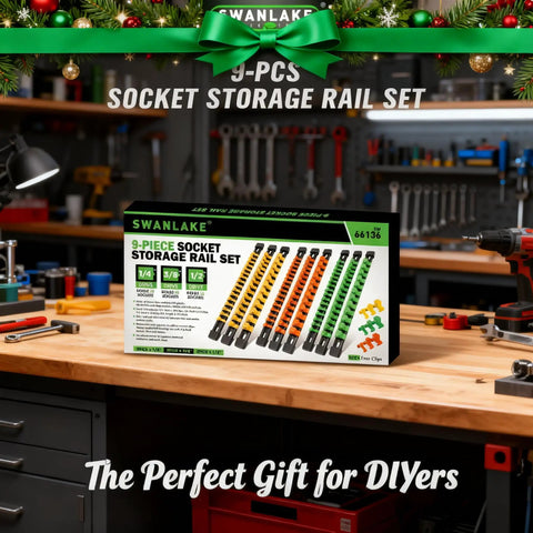 Pro Grade Socket Clip Rail Organizer Kit 6 Piece Set box on a workbench with socket rails displayed on Christmas-themed background