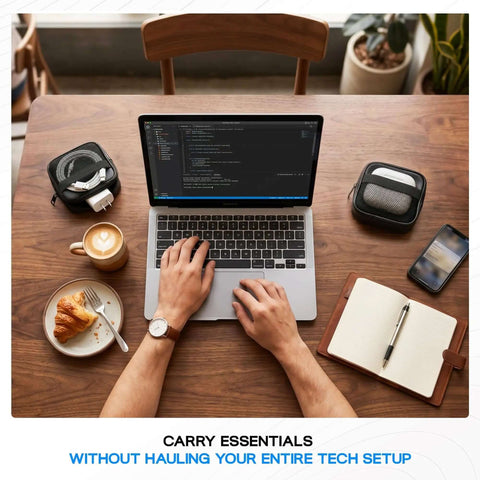 Knock Off Cable Tangles Grab And Go Hard Shell Tech Organizer With Removable Pouches for chargers on a workspace table.