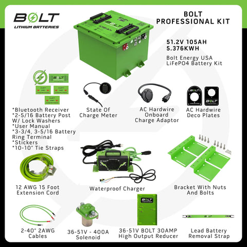 48V LiFePO4 Golf Cart Battery Kit For Club Car Precedent Onward Tempo With 105Ah 51.2V 5.376kWh, 250A BMS, accessory components