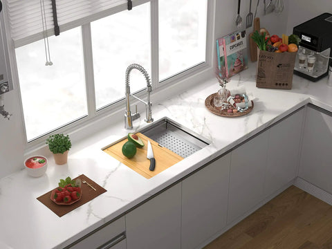 Undermount Workstation Sink 24 Inch 16 Gauge SUS304 Stainless Steel Single Bowl Bar Kitchen Sink with bamboo cutting board