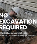 DIY Foundation Crack Repair Kit With 10 Ft Low Viscosity Urethane Sealant For Crawl Spaces And Concrete Basement Walls That Stops Water Leaks Drill Free Filler And Easy Home Fix. Person using kit outside a foundation wall, no excavation.