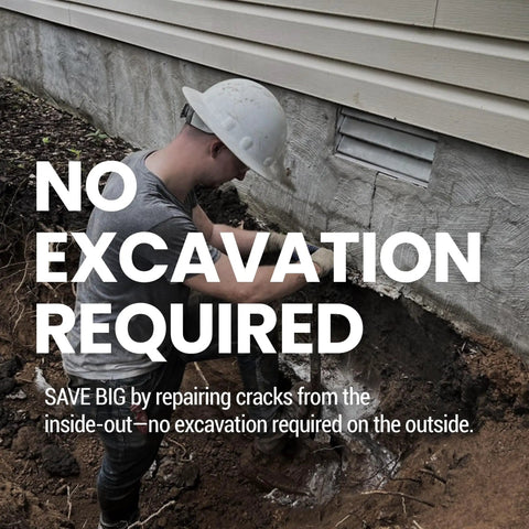 DIY Foundation Crack Repair Kit With 10 Ft Low Viscosity Urethane Sealant For Crawl Spaces And Concrete Basement Walls That Stops Water Leaks Drill Free Filler And Easy Home Fix. Person using kit outside a foundation wall, no excavation.