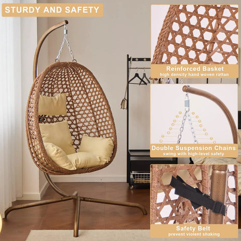 Cozy Hexagon Rattan Egg Swing Chair With Stand For Home And Outdoor Chill Wicker Hammock Lounge Chair With Cushion Sturdy 350 Lbs Capacity Beige Comfort featuring a reinforced wicker basket and safety belt