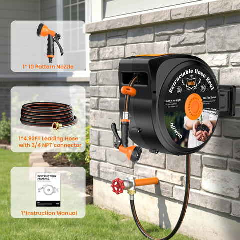Retractable Garden Hose Reel With Wall Mount Heavy Duty 50 Ft Hose Half Inch 10 Function Sprayer Nozzle Lock Any Length Slow Return System 180 Degree Swivel For Big Yards Lawn Care And Car Washing Easy Setup For A Big Yard And Quick Cleanup